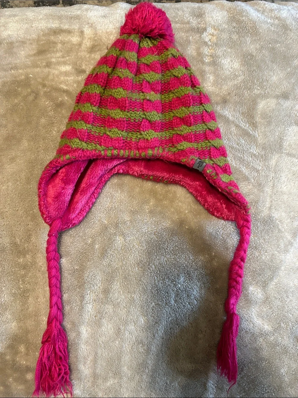 North Face Kids Pink and Green Striped Knit Pom-Pom Earflap Hat